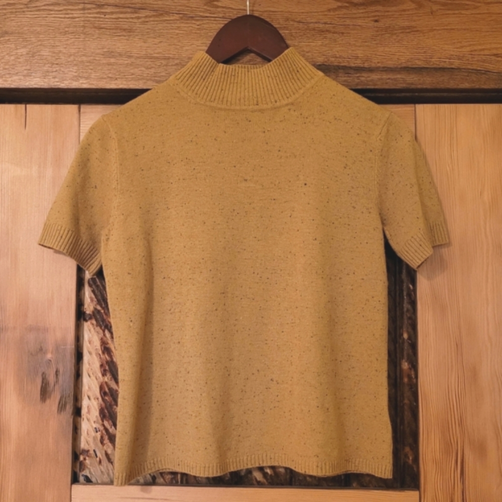 Vintage Mustard Tan Fleck Short Sleeve Sweater Acrylic Wool Nortonstudios Petite